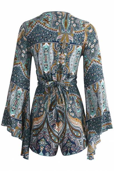Folk Style Printed Sexy V Neck Tied Front Long Sleeve Hollow Out Romper