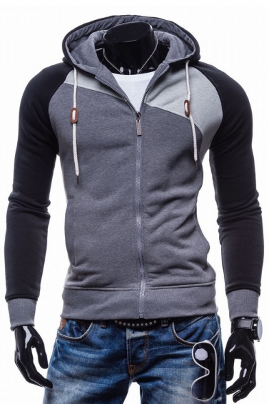 HTOOHTOOH Men Stylish Color Block Zip Up Slim Fit Hooded Sweatshirts Jacket