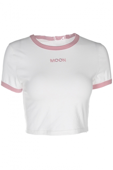 Natural MOON Letter Embroidered Round Neck Short Sleeves Cropped Tee