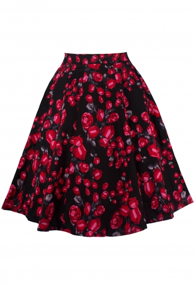 New Trendy Zipper Fly Rose Printed Flare Midi A-Line Skirt