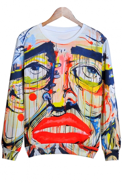 Oil Painting Sad Face Printed Round Neck Long Sleeve Leisure Pullover Sweatshirt