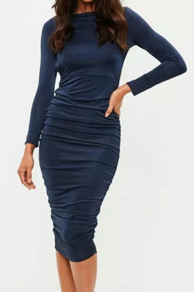 Plain Slinky Ruched Side Hollow Out Back Long Sleeve Midi Pencil Dress
