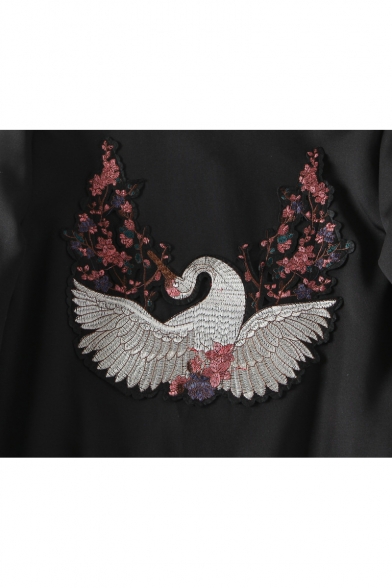 Retro Crane Floral Embroidery Zip Up Loose Long Sleeve Baseball Jacket