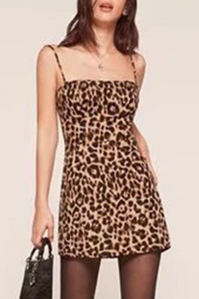 Sexy Leopard Printed Spaghetti Straps Sleeveless Mini A-Line Dress