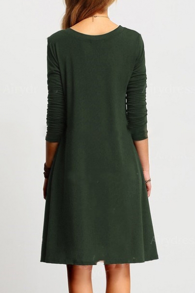 Simple Basic Plain V-Neck Long Sleeve Mini Swing Dress