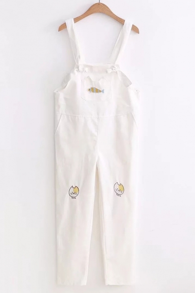 Sports Leisure Cat Fish Embroidered Pocket Overall Jumpsuit
