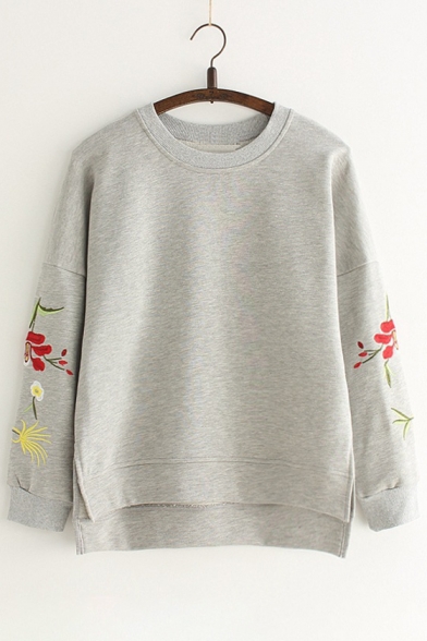 Spring Fashion Floral Embroidery Round Neck Long Sleeves Dipped Hem Sweatshirt
