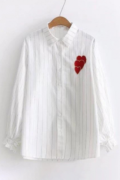 Stylish Sweetheart Embroidered Striped Pattern Lapel Button Front Shirt