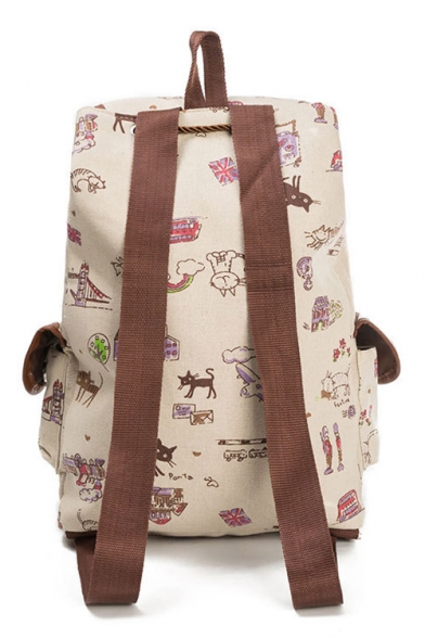 Cat Cartoon Pattern Flap Pockets Backpack School Bag