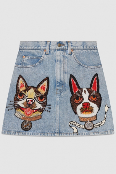 Unique Dog Embroidery Zipper Fly Pocket Detail Mini A-line Denim Skirt