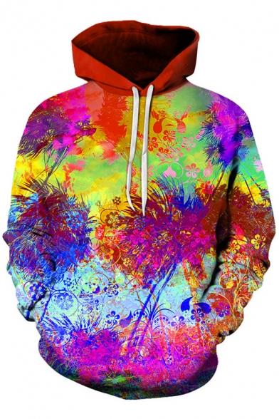 Abstract Tree Print Color Block Long Sleeves Pullover Unisex Hoodie