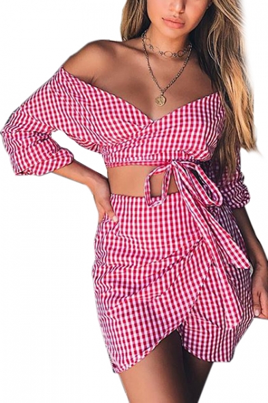 Beach Fashion Plaids Pattern Bow Tie Waist Off the Shoulder Top with Mini Wrap Skirt