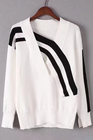 Chic Contrast Striped V Neck Long Sleeve Ribbed Trim Pullover Sweater