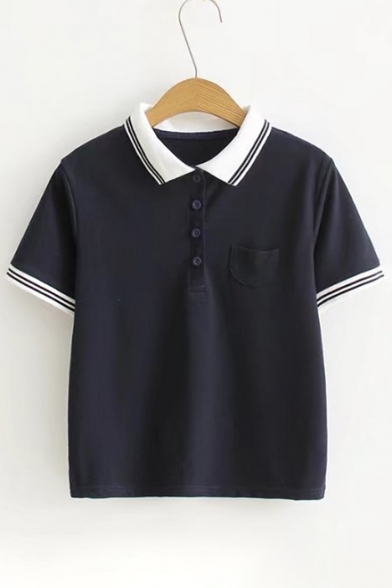 Contrast Striped Lapel Collar Buttons Embellished Short Sleeve Tee with Pocket