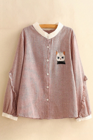 Cute Cat Embroidered Stand Up Collar Striped Long Sleeve Buttons Down Shirt