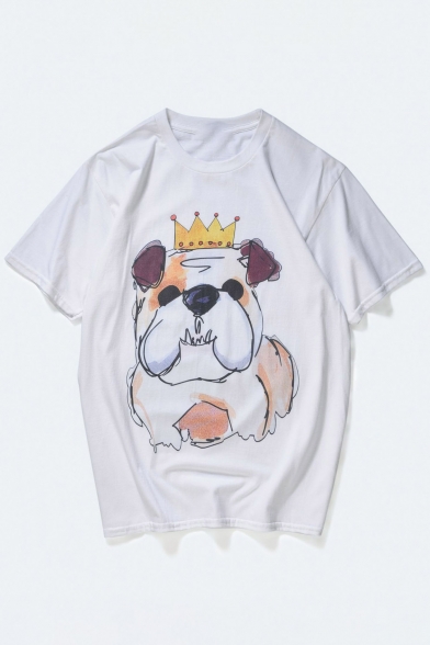 Cute Dog Cartoon Crown Print Round Neck Short Sleeves Casual Tee