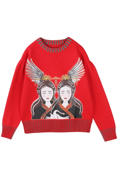 Ethnic Cartoon Feather Pattern Round Neck Long Sleeves Pullover Sweater
