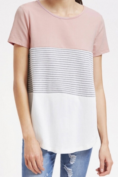 Fancy Chic Color Block Striped Pattern Round Neck Short Sleeves Summer T-shirt