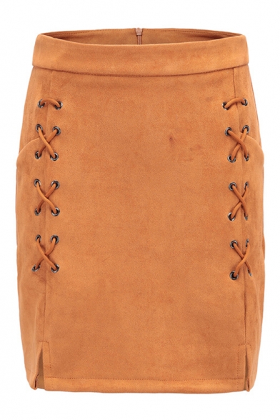Fashion Suede Plain Lace Up Embellished Mini A-Line Skirt