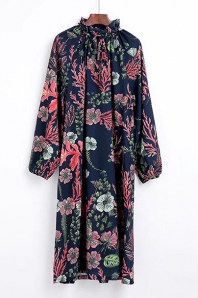 Fashionable Floral Print Long Sleeve Ruffle High Neck Shift Midi Dress