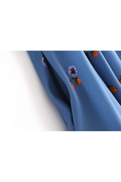 Hot Fashion Floral Print Button Lace Up Detail V-Neck A-line Mini Dress
