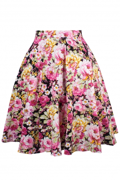 Retro Floral Printed Zip Up Flare Midi A-Line Skirt