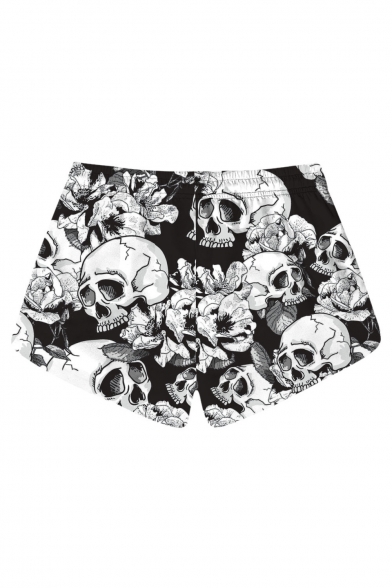Skull Floral Printed Drawstring Waist Shorts