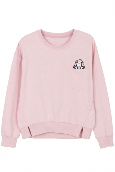 Lovely Bear Embroidered Pocket Round Neck Long Sleeve Pullover Sweatshirt
