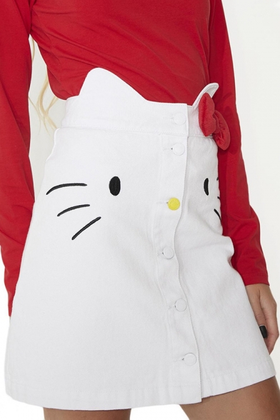 Lovely Hello Kitty Pattern Embroidered Buttons Down Mini A-Line Denim Skirt