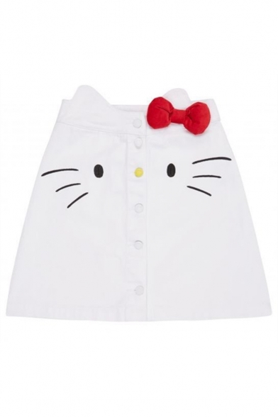Lovely Hello Kitty Pattern Embroidered Buttons Down Mini A-Line Denim Skirt