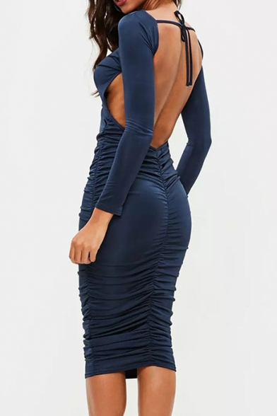 Plain Slinky Ruched Side Hollow Out Back Long Sleeve Midi Pencil Dress