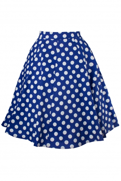 Retro Elegant Flare Polka Dot Printed Zipper Fly Mid A-Line Skirt
