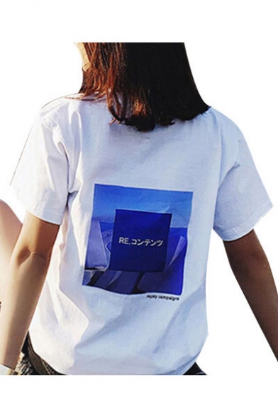 Retro Fancy Japanese Graphic Print Round Neck Short Sleeves Summer T-shirt