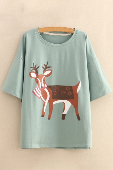 Scarf Deer Printed Round Neck Short Sleeve Comfort Leisure Tee