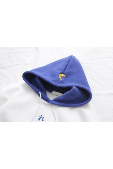 Simple Color Block Japanese Moon Embroidered Long Sleeves Pullover Hoodie