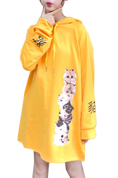 Spring New Collection Cats Letter Printed Long Sleeve Midi Hoodie Dress