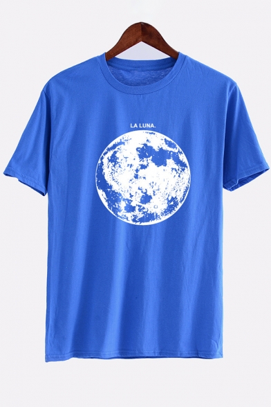 Stylish Moon Planet Letter Print Round Neck Short Sleeves Casual Tee