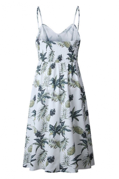 Summer Fashion Pineapple Leaf Print Button Pocket Detail Midi Cami Dress