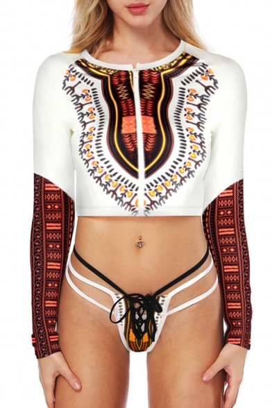 Color Block Zip Up Tribal Print Long Sleeve Strappy Swimwear