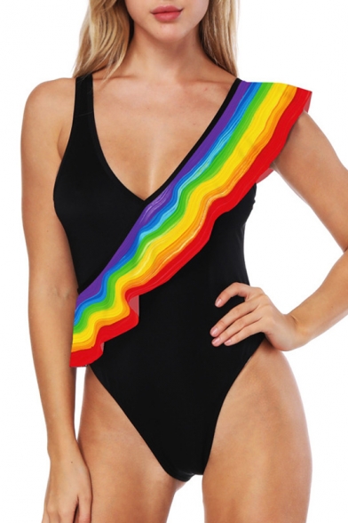 Unique Rainbow Print Plunge Neck Ruffle Detail Slim One Piece Swimwear