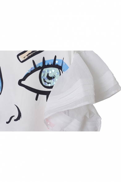 Abstract Eye Mouth Face Pattern Ruffle Chiffon Patchwork Mini T-shirt Dress