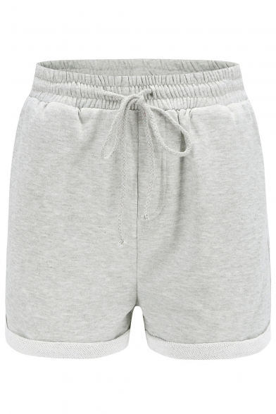 Basic Plain Roll Cuff Drawstring Waist Leisure Shorts with Pockets