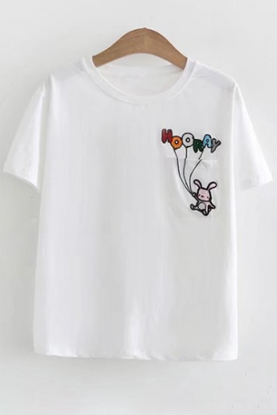 Childish Letter Rabbit Embroidery Chest Pocket Round Neck Short Sleeves Tee