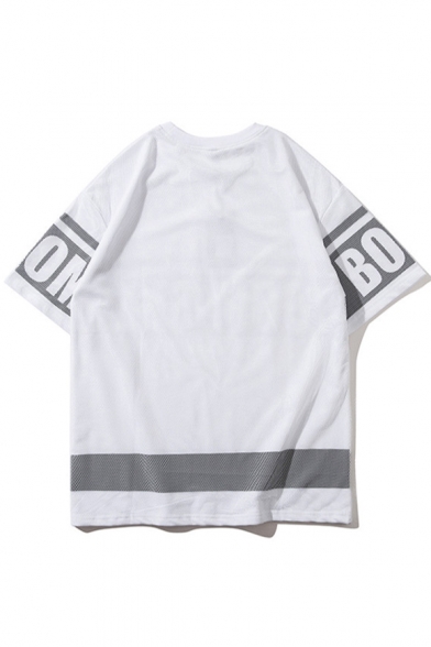 Color Block Mesh Insert Letter Printed Round Neck Short Sleeve Tee