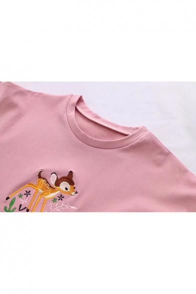 Cute Deer Embroidered Round Neck Short Sleeve Cropped Tee