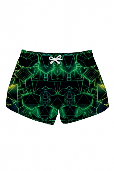Digital Geometric Printed Drawstring Waist Shorts with Pockets