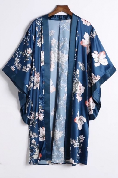 Elegant Floral Print Open Front Batwing Sleeve Loose Kimono Top