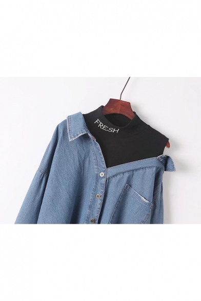 Fake Two Pieces Letter Printed Round Neck Hollow Out Shoulder Long Sleeve Buttons Down Denim Shirt
