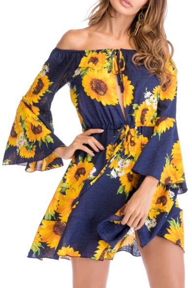 Fancy Chic Floral Print Off the Shoulder Bow Belted Hollow Out Mini A-line Dress