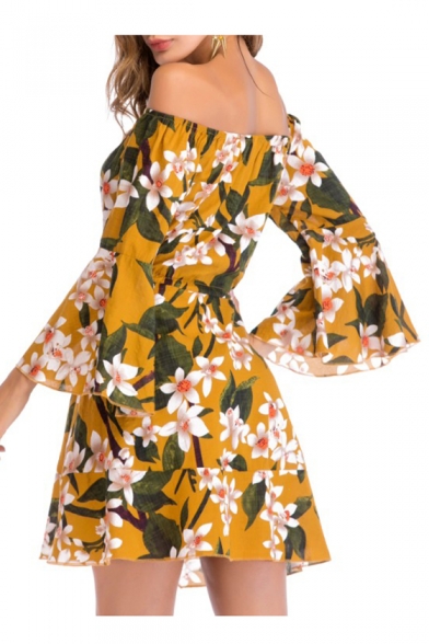 Fancy Chic Floral Print Off the Shoulder Bow Belted Hollow Out Mini A-line Dress